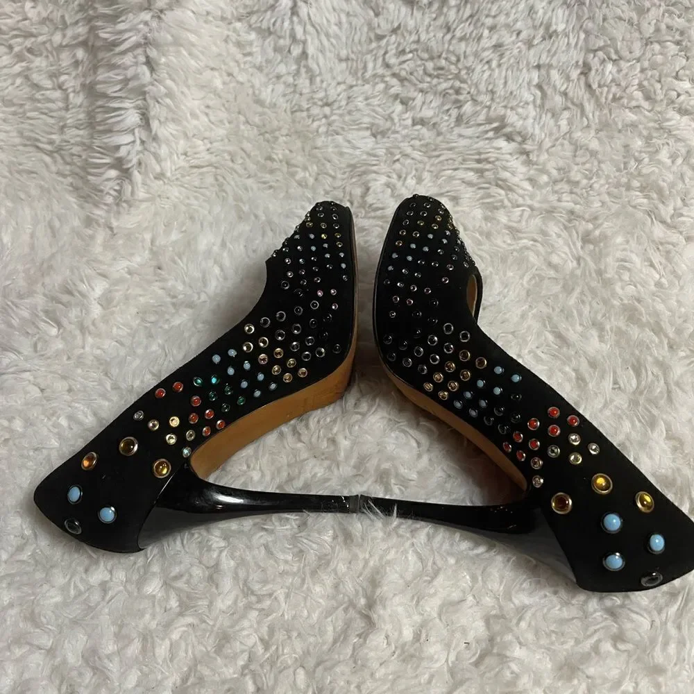 Giuseppe Zanotti Black Suede multi color  studs Peep Toe Platform Pumps EUR SZ37